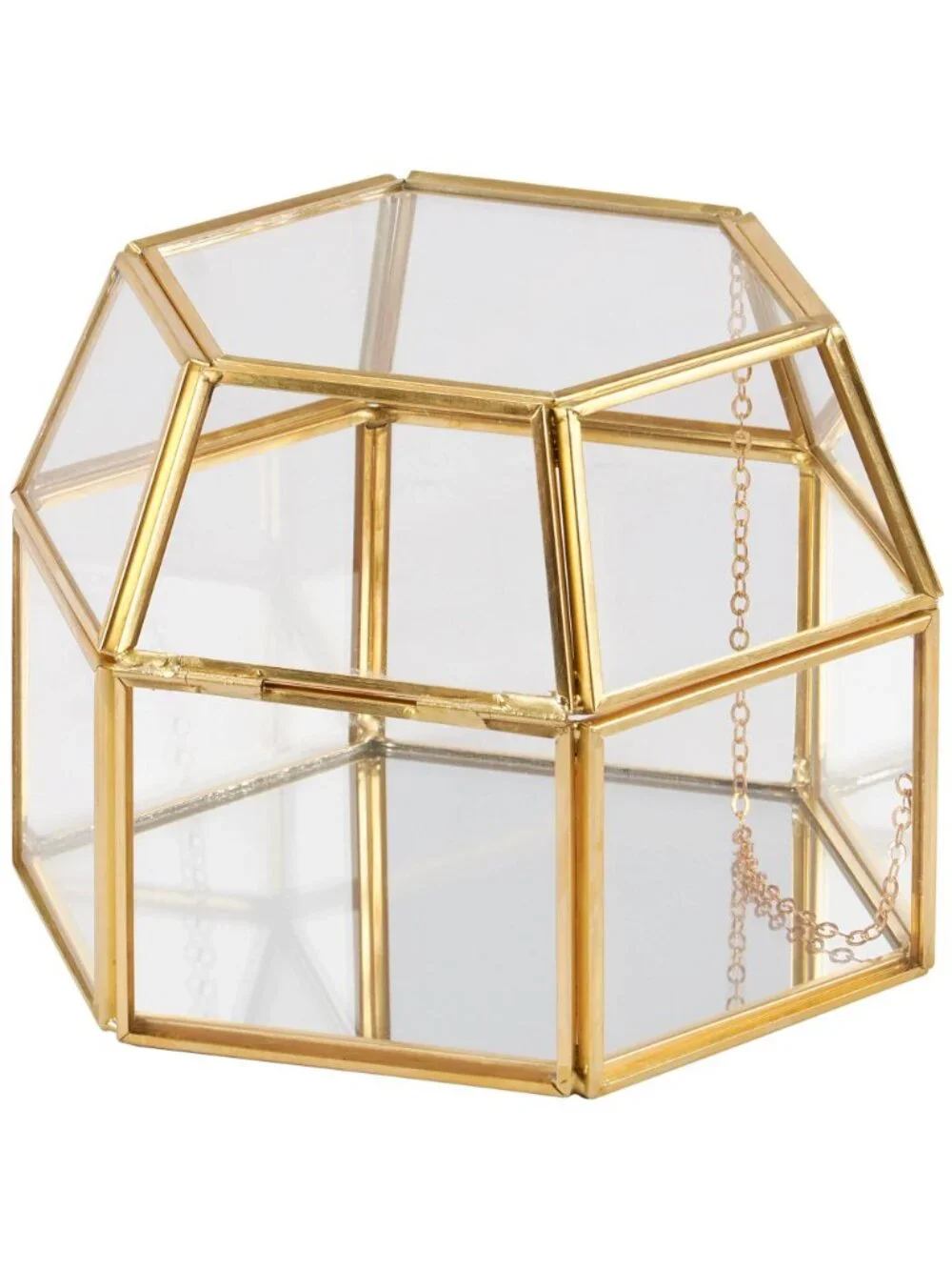 Brass & Glass Hexagon‎ Hinged Box Casket Jewelry Display Box Vintage Style